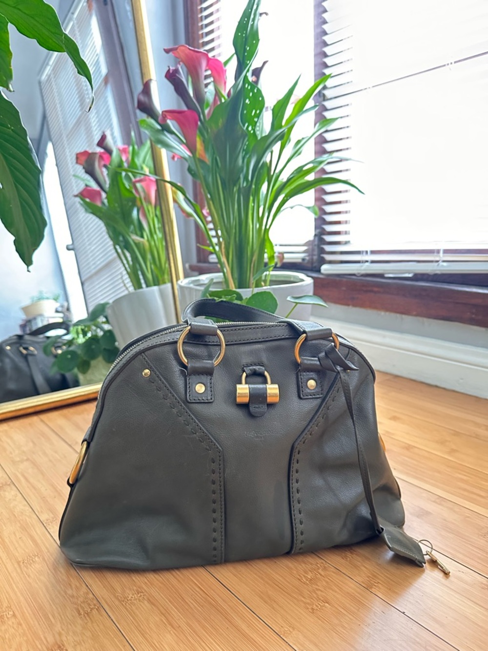 Yves Saint Laurent Olive Green Leather Satchel with Gold Hardware